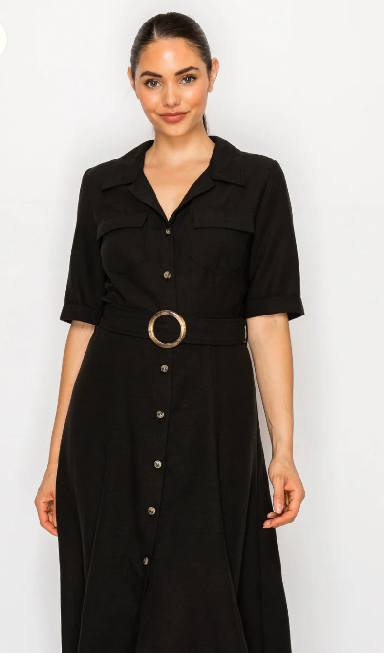 Meet Me in Santorini "Black Linen" Shirt Dress-Black