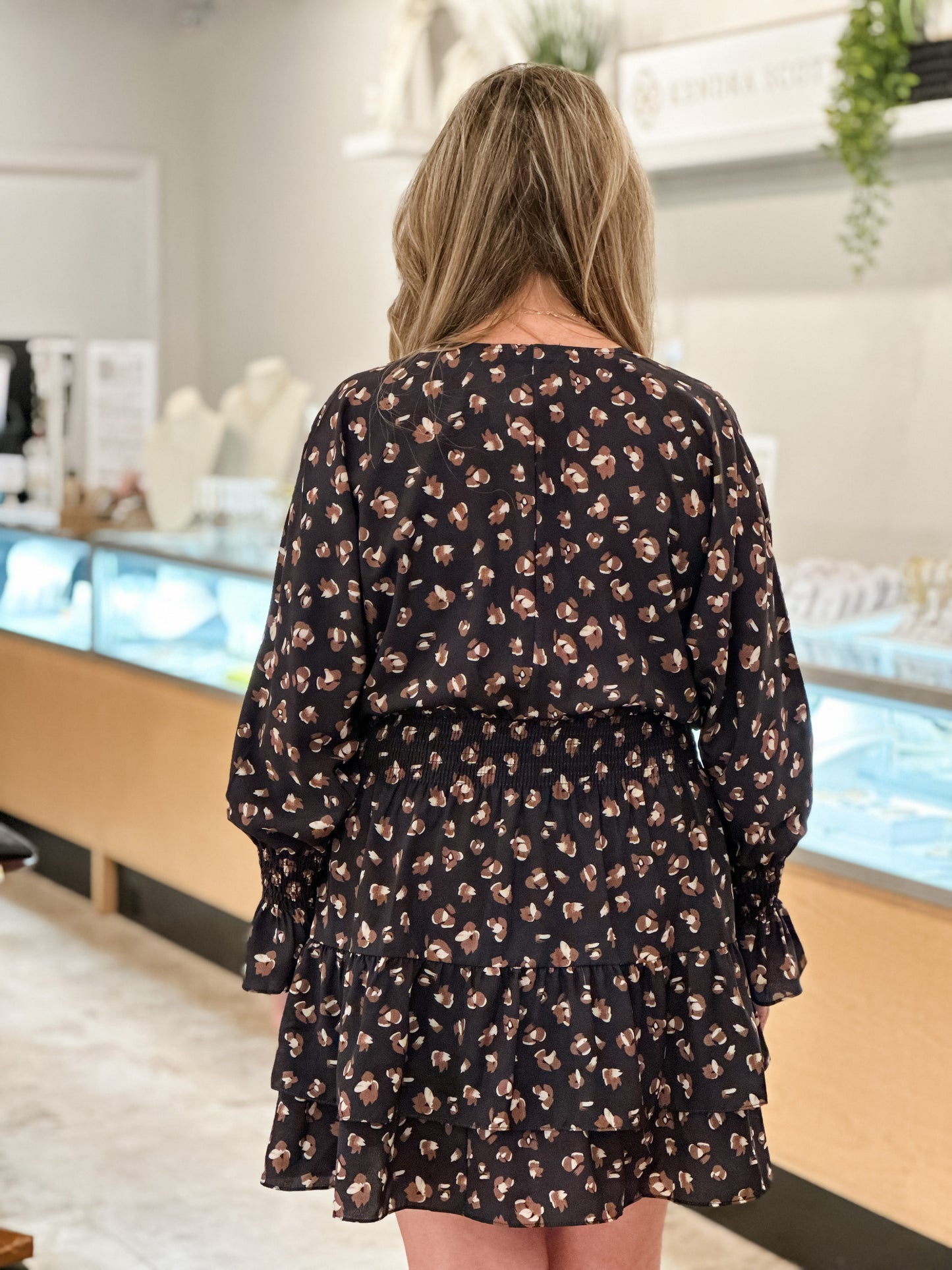 THML Smocked Waist Cheetah Pattern Dress-Black