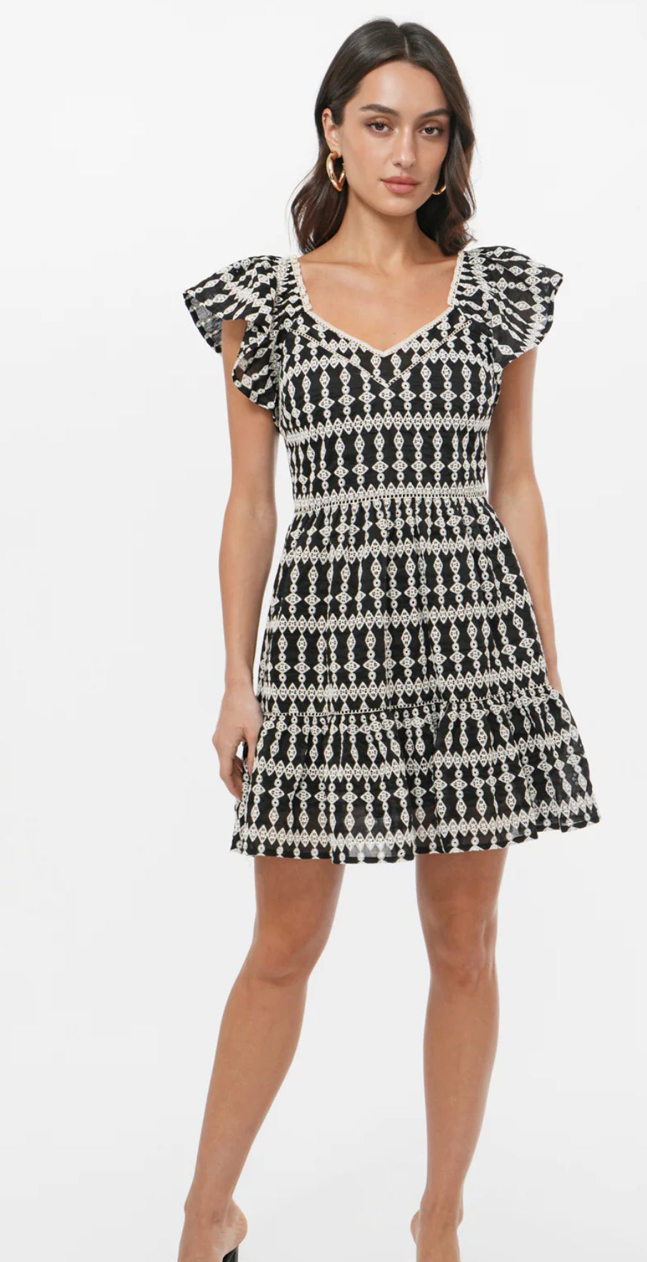 Greylin "Katty" Embroidery Eyelet Flutter Sleeve Dress- Black