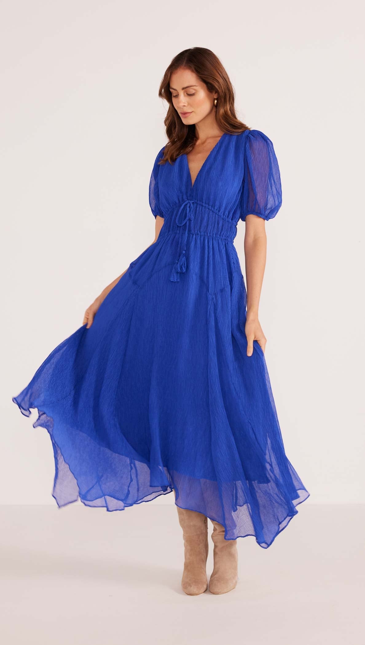 Mink Pink "Lily" Hanky Hem Midi Dress-Sapphire