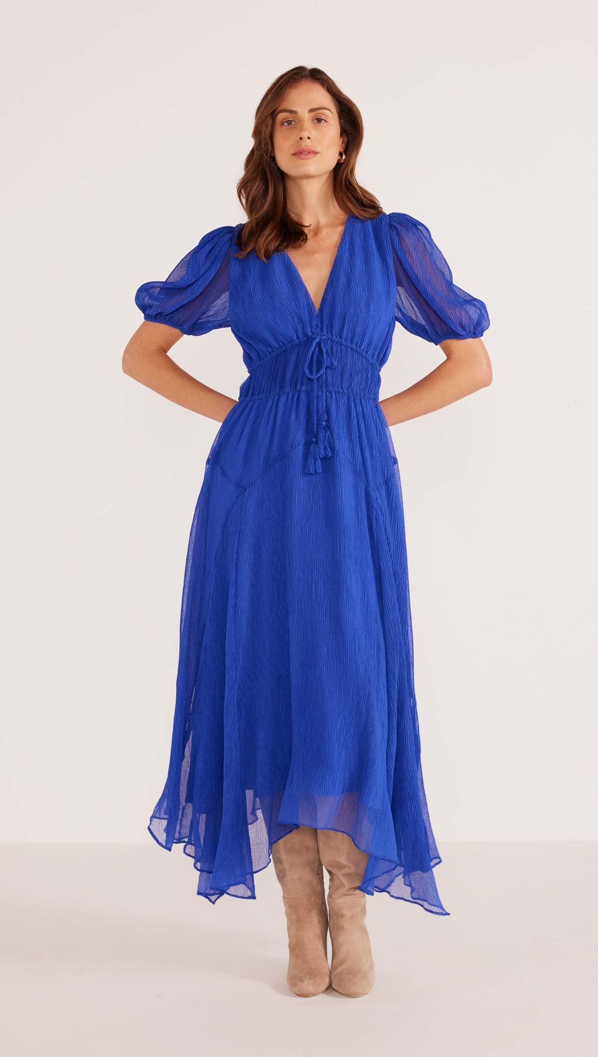 Mink Pink "Lily" Hanky Hem Midi Dress-Sapphire