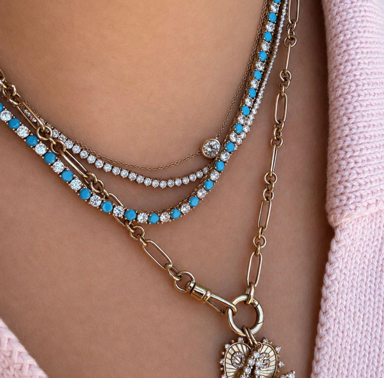 LeMel Dee Alternating Turquoise & CZ Tennis Necklace-16” Gold