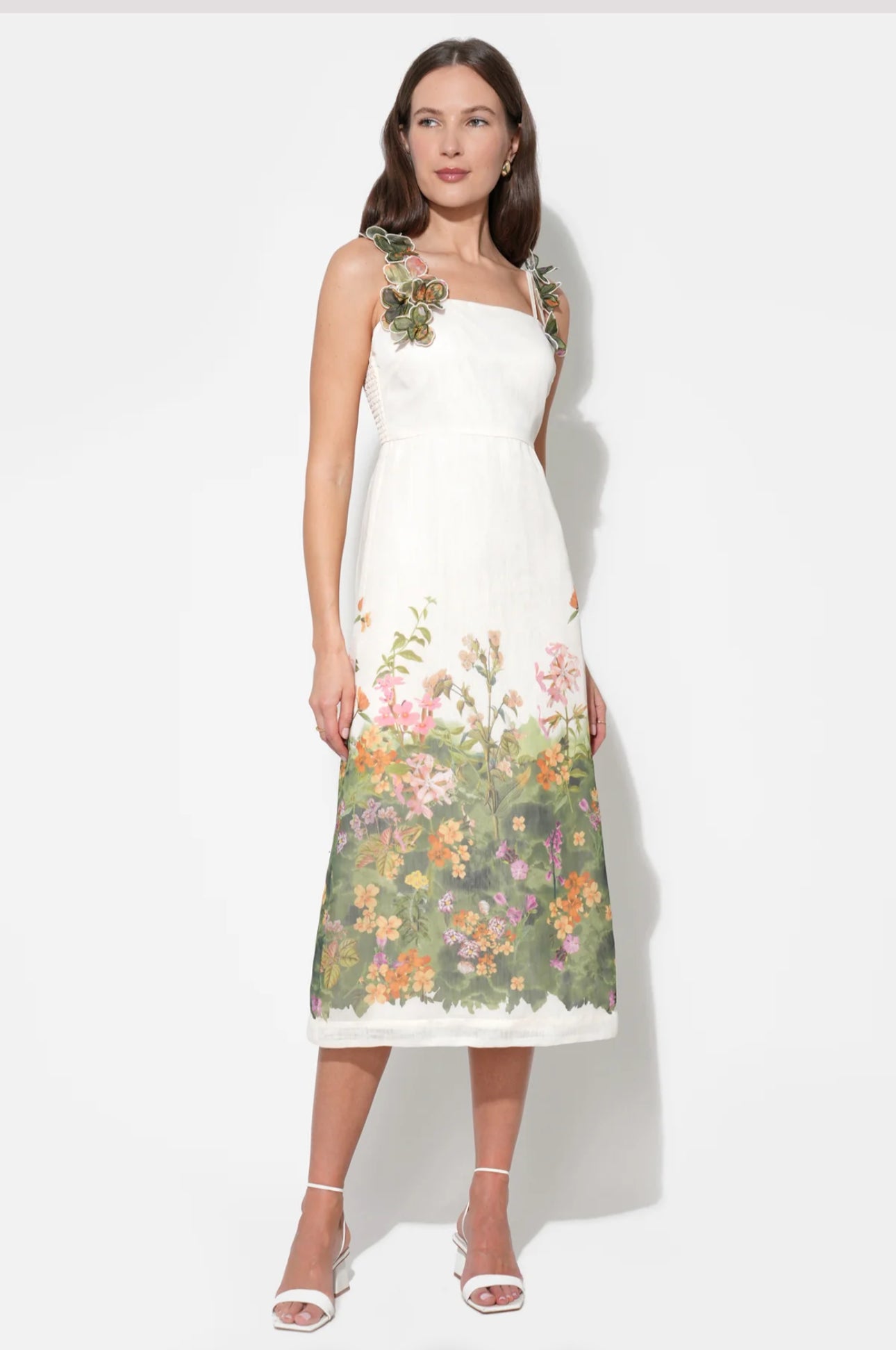 Adelyn Rae "Eloise" Braided Printed Floral Midi Dress-Cream/Green