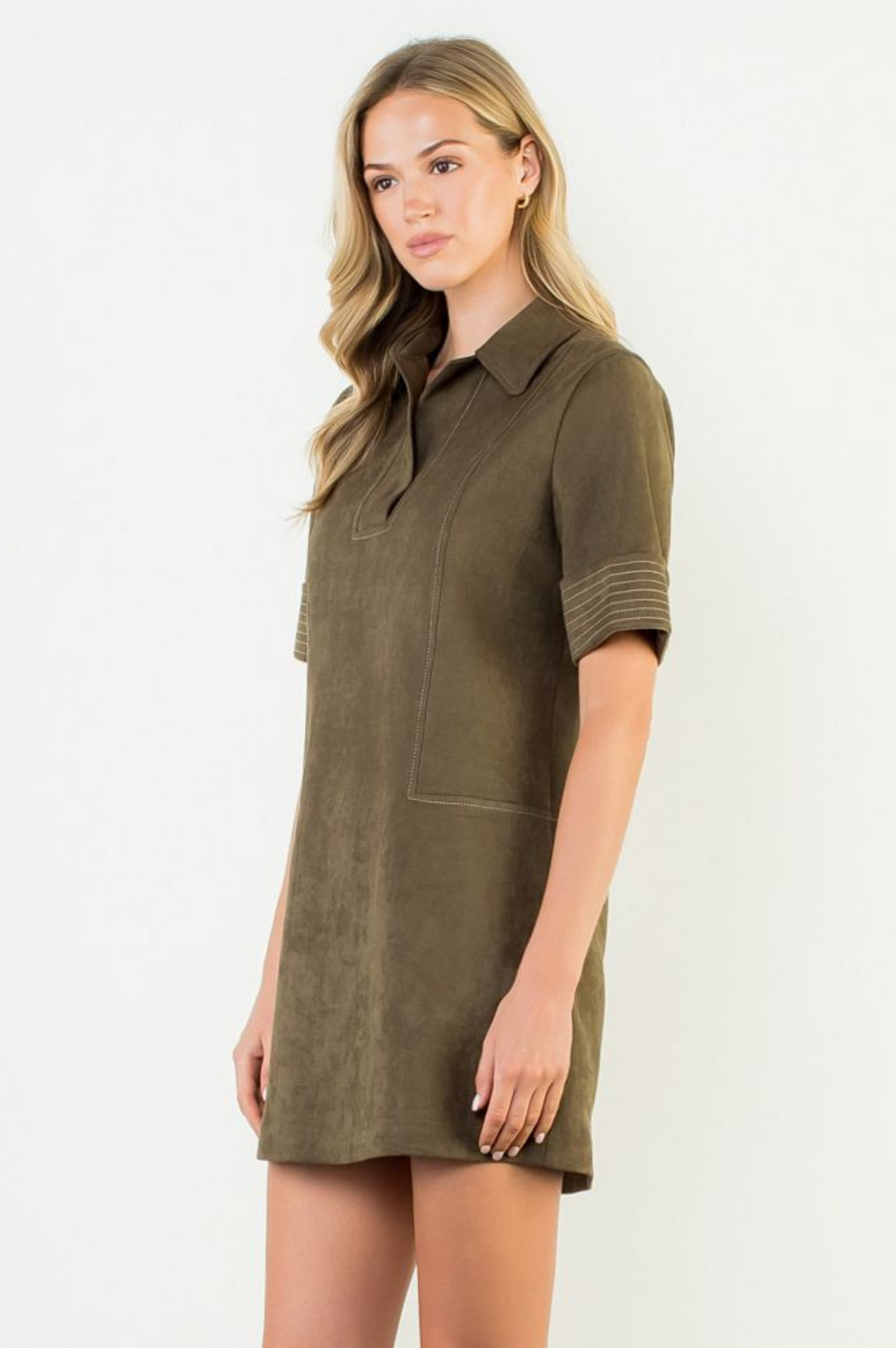 THML "Clare" S/S Collared Faux Suede Dress-Olive
