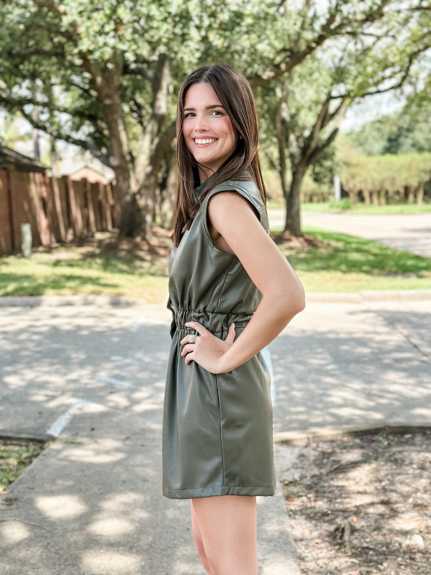 Elan “Sadie” Faux Leather Mini Dress - Pine