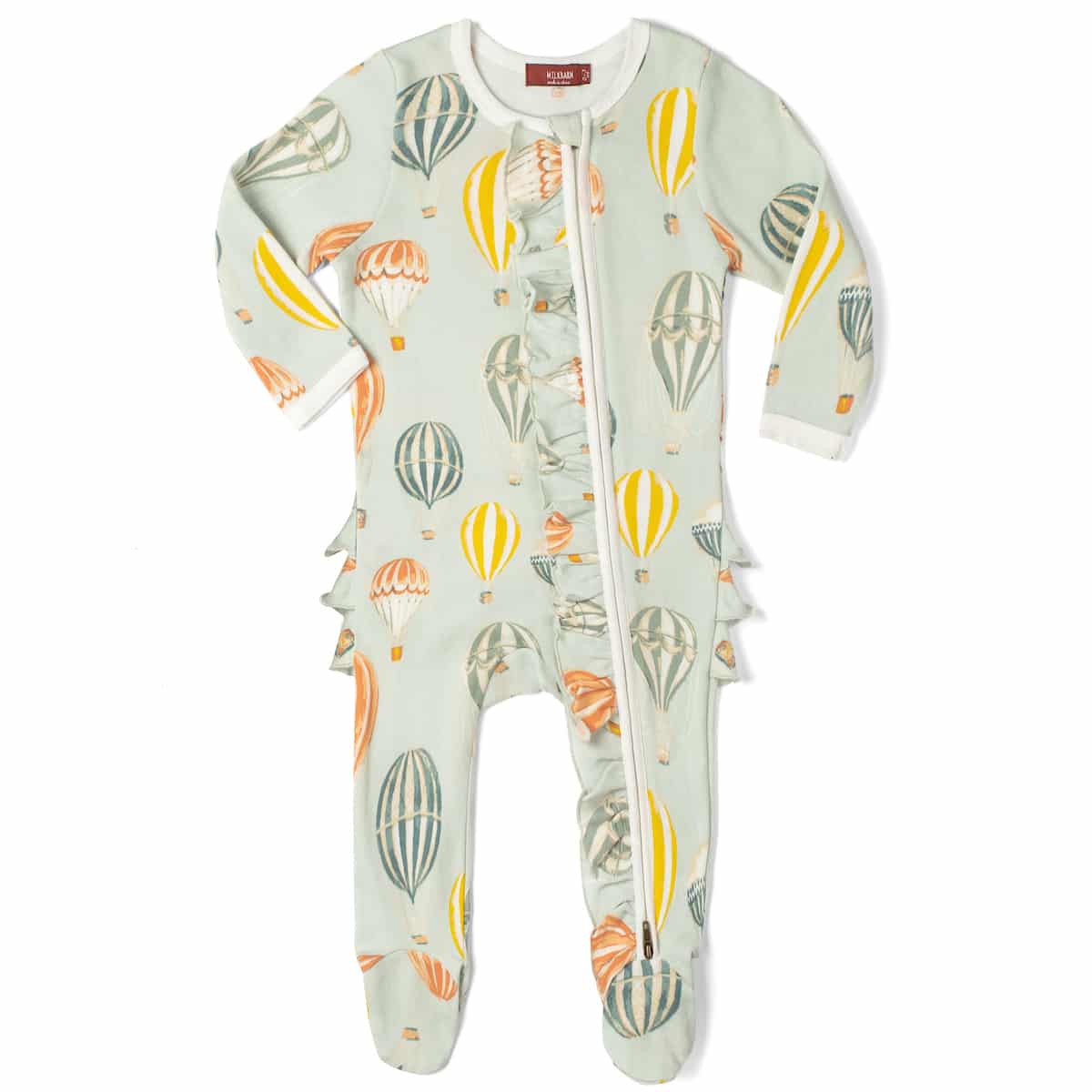 Milkbarn Kids "Vintage Balloons" Organic Cotton Ruffle Zipper Footed Romper