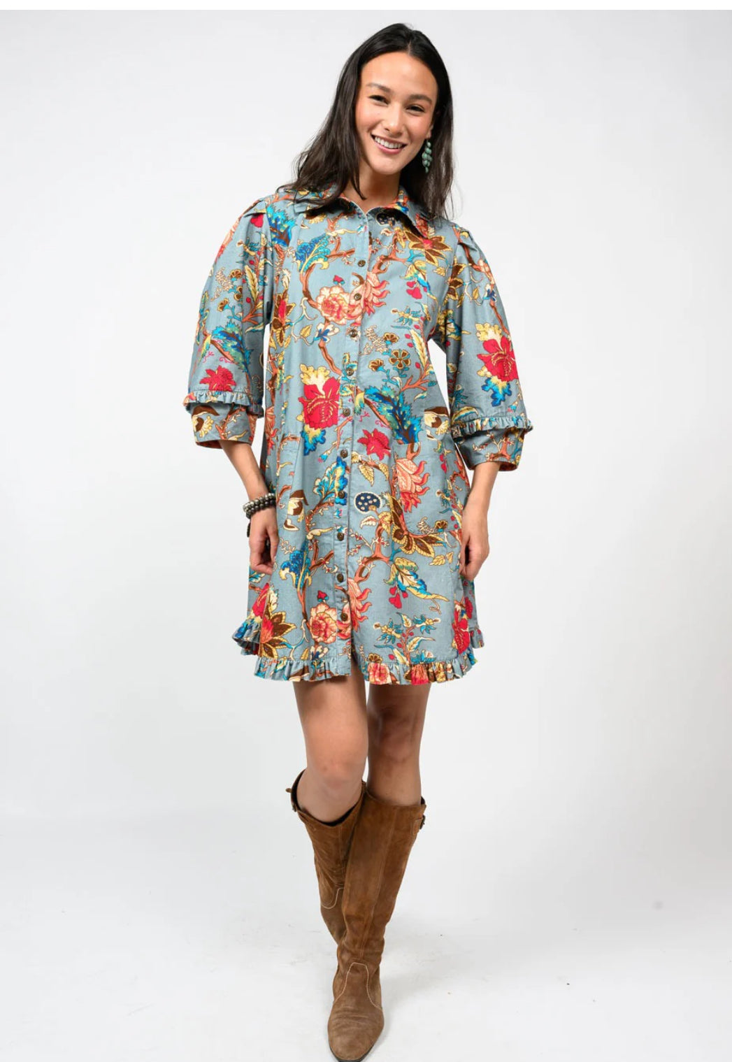 Uncle Frank Ruffled Edges Dress- Floral Slate