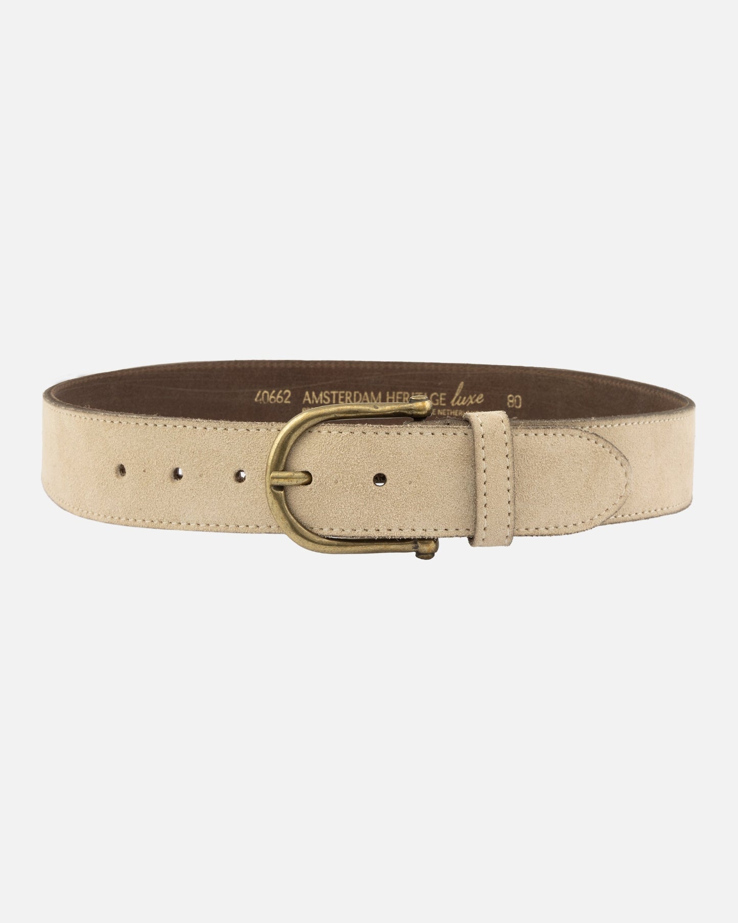Amsterdam Heritage “Roan” | Vintage Suede Leather Belt with Antique Brass Buckle - Beige