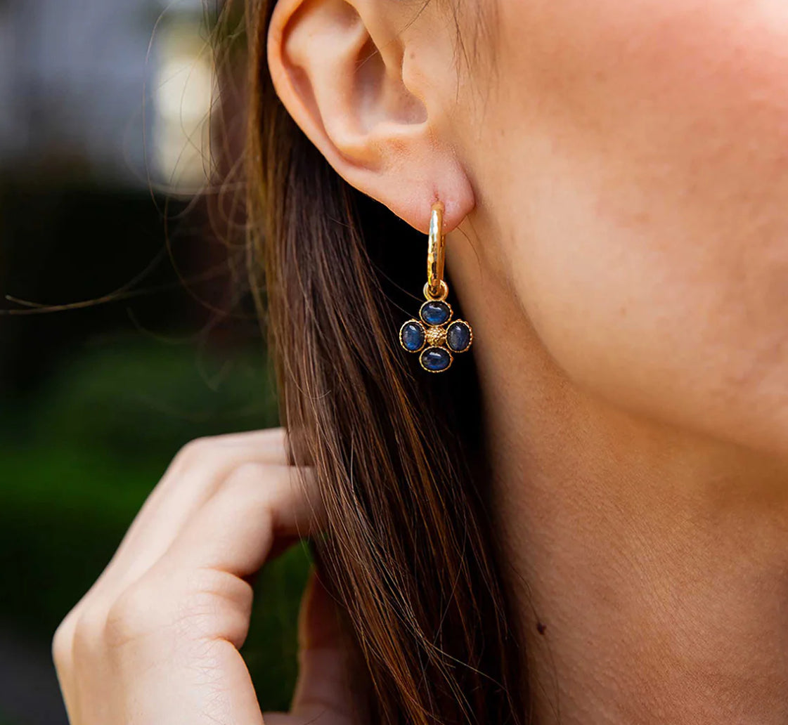 Capucine de Wulf “Berry Clover” Hoop Earrings w/Double-sided Charm-Gold/Blue Labradorite