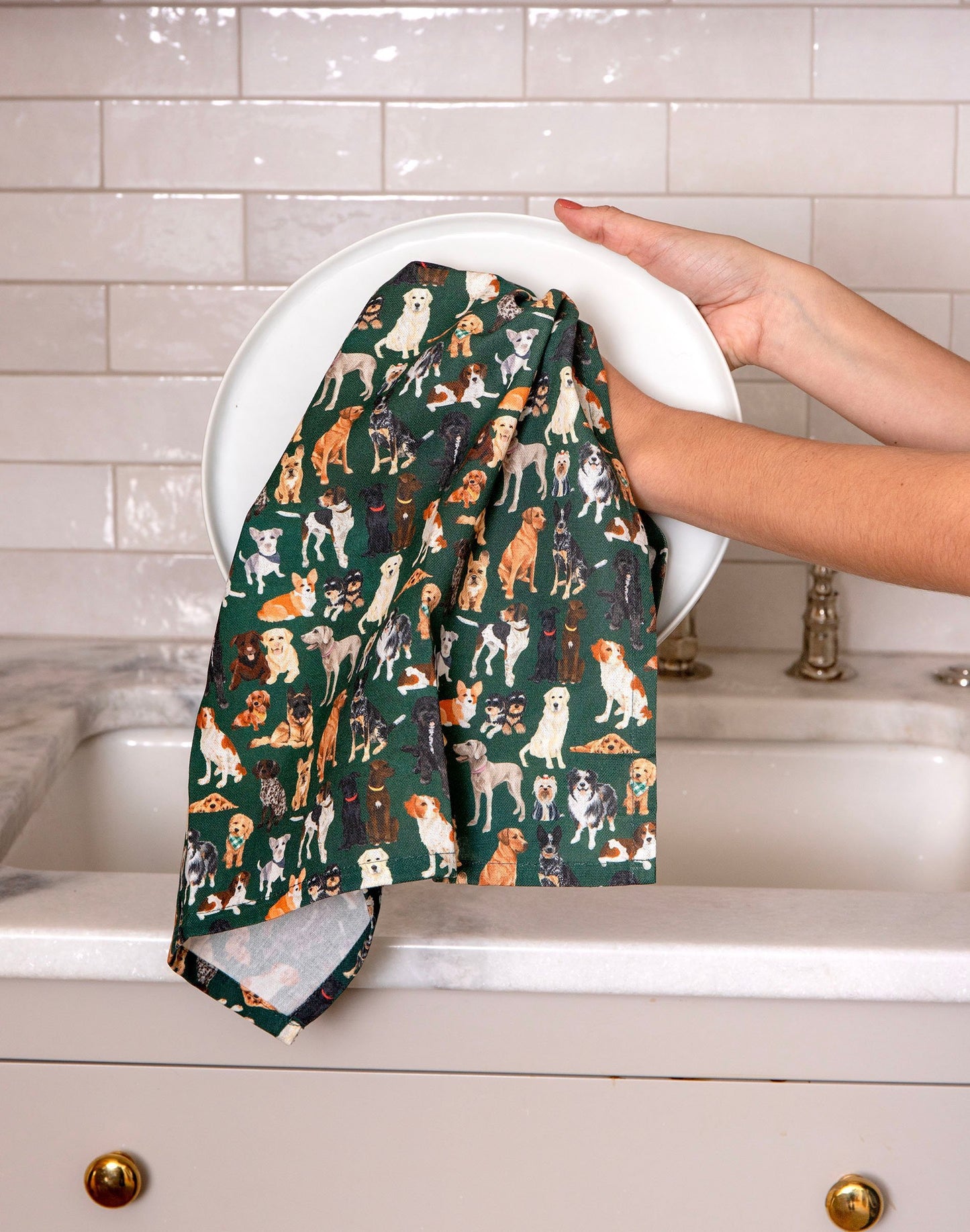 1 Canoe 2 "Furry Friends" Dogs Tea Towel-Green