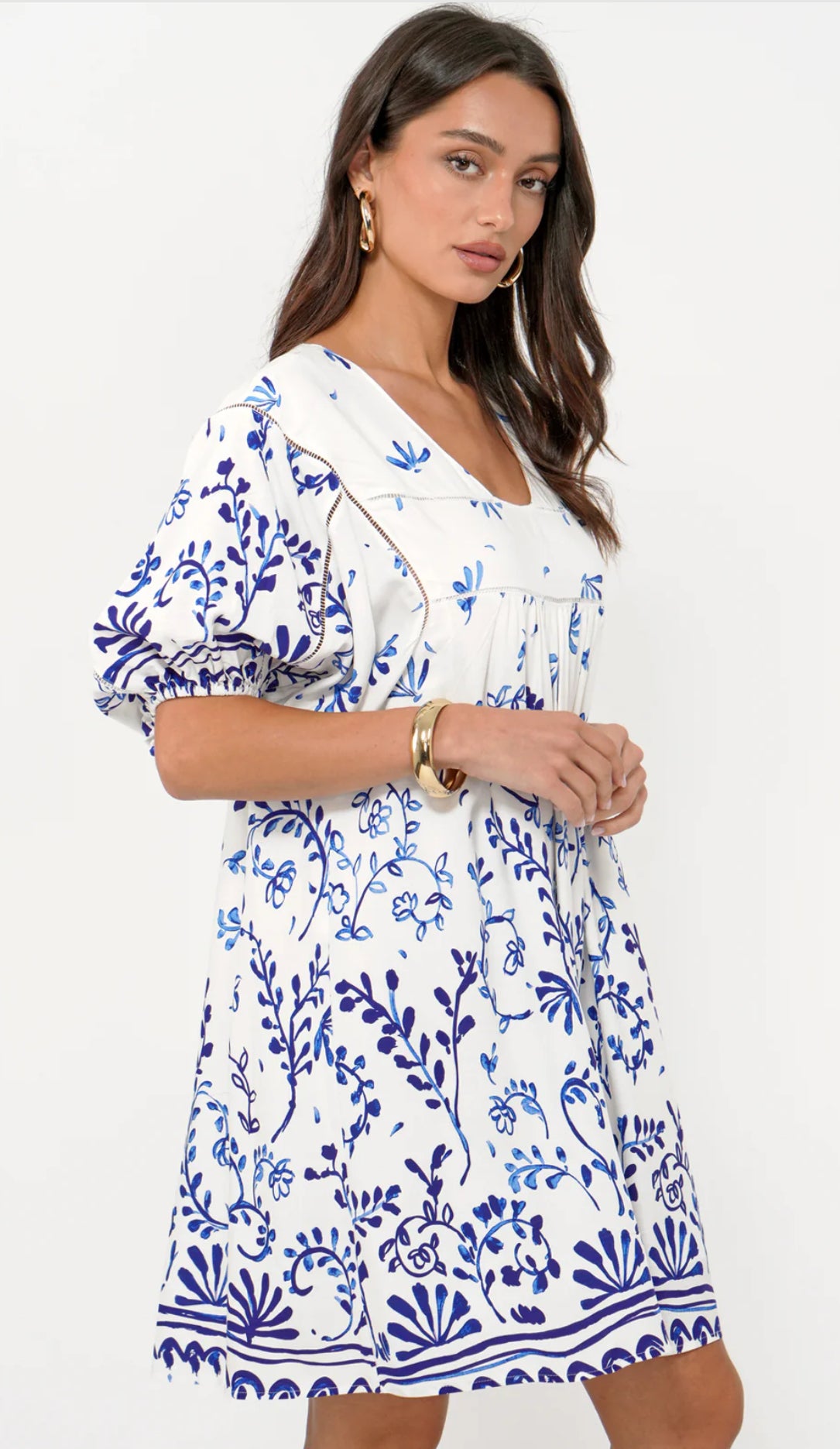 Greylin “Nanci” Popover Mini Dress - Ivory/Blue
