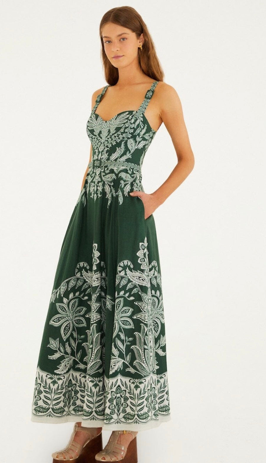 Farm Rio "Miranda" Buckles Maxi Dress-Dark Green