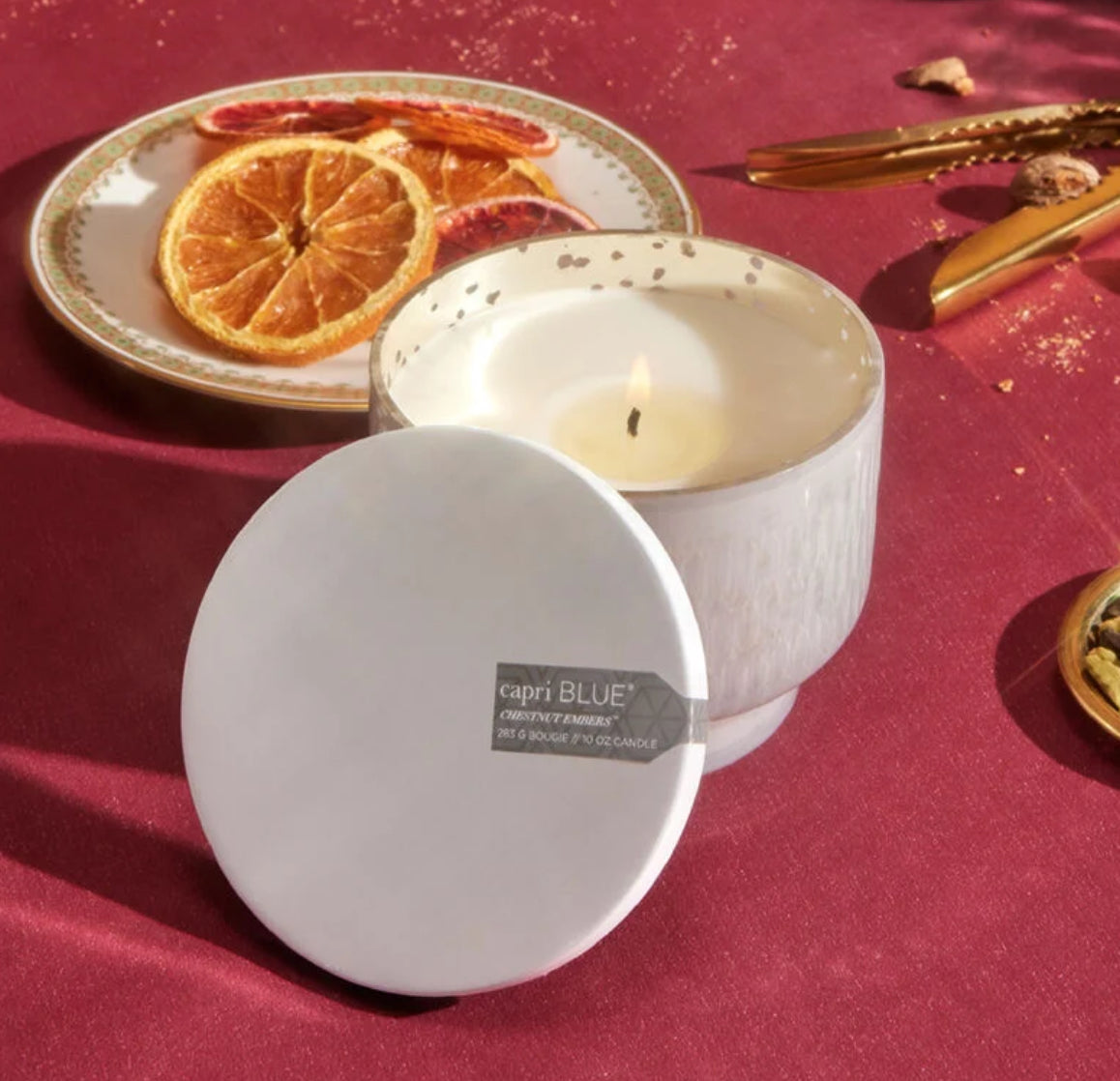 Capri Blue 10oz Mercury Etched Inverted Candle -Chestnut Embers