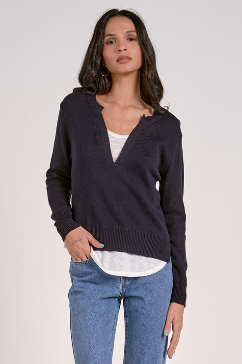 Elan V-Neck Layered Sweater-Navy/White
