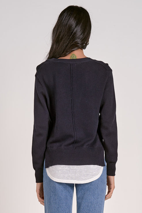 Elan V-Neck Layered Sweater-Navy/White