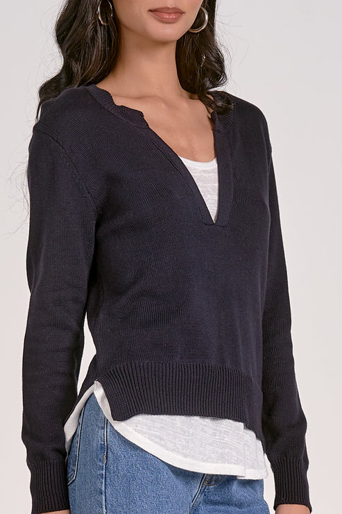 Elan V-Neck Layered Sweater-Navy/White