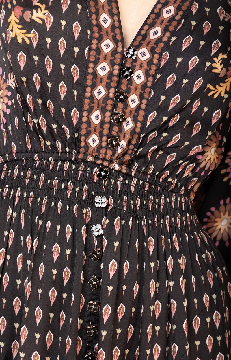 Hale Bob "Raquel" Charmeuse L/S V-Neck Dress-Black