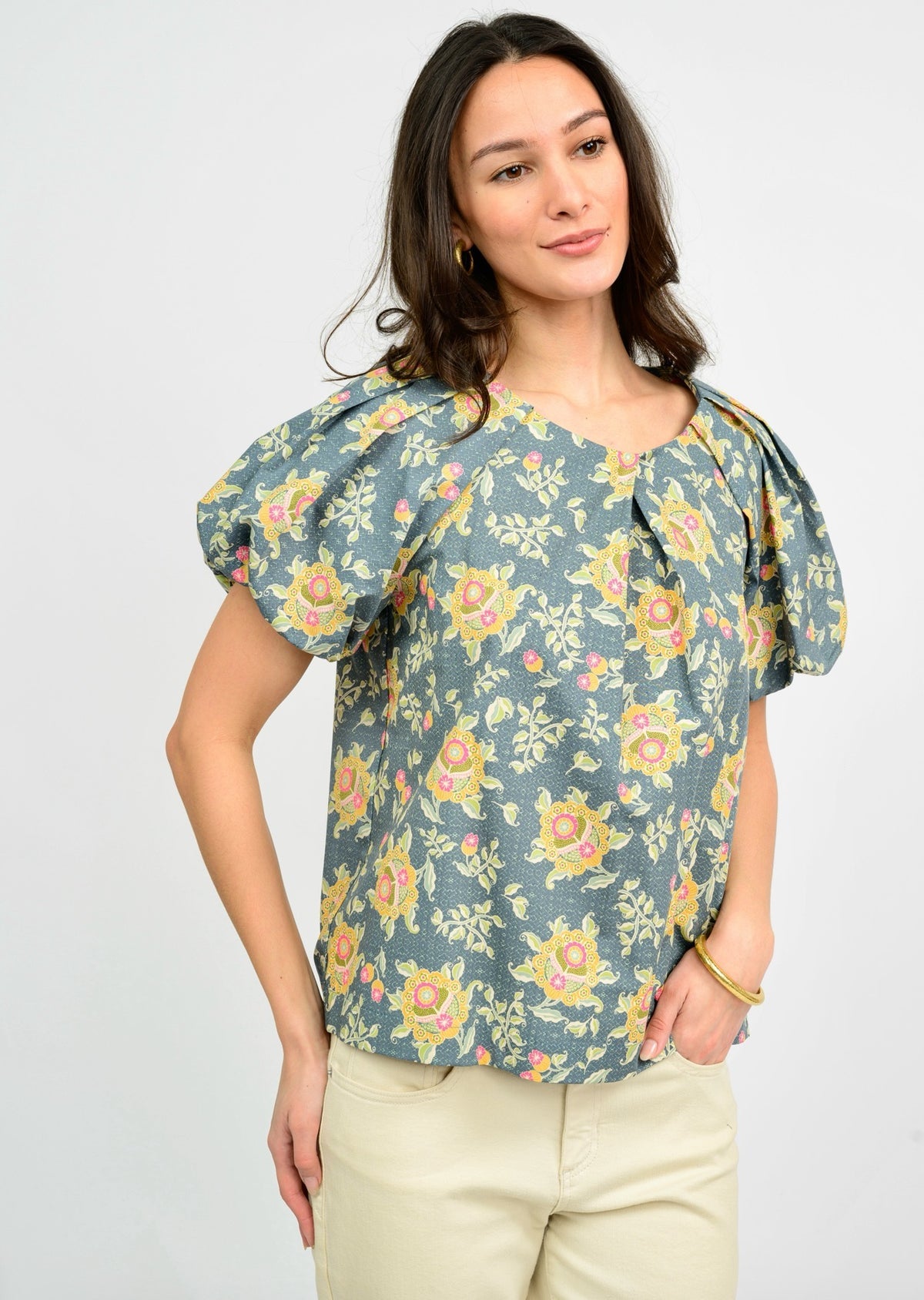 Ivy Jane Pleated Neck Top-Grey