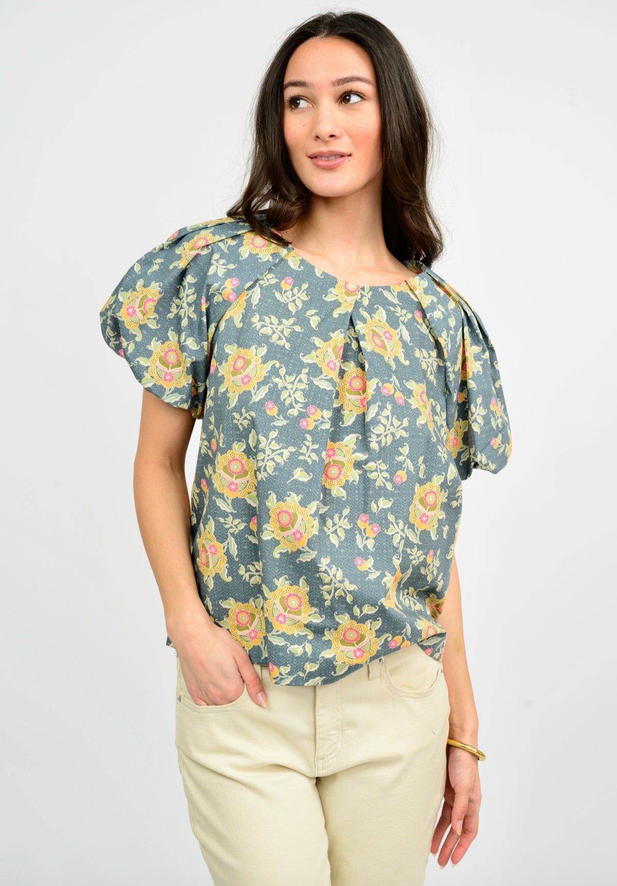 Ivy Jane Pleated Neck Top-Grey