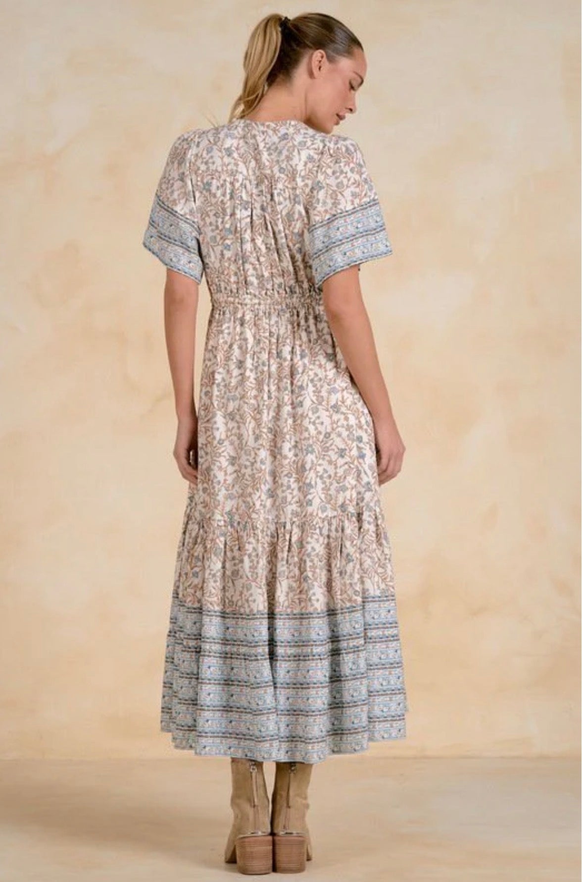 Elan S/S V-Neck Midi-Blue Whimsy Print