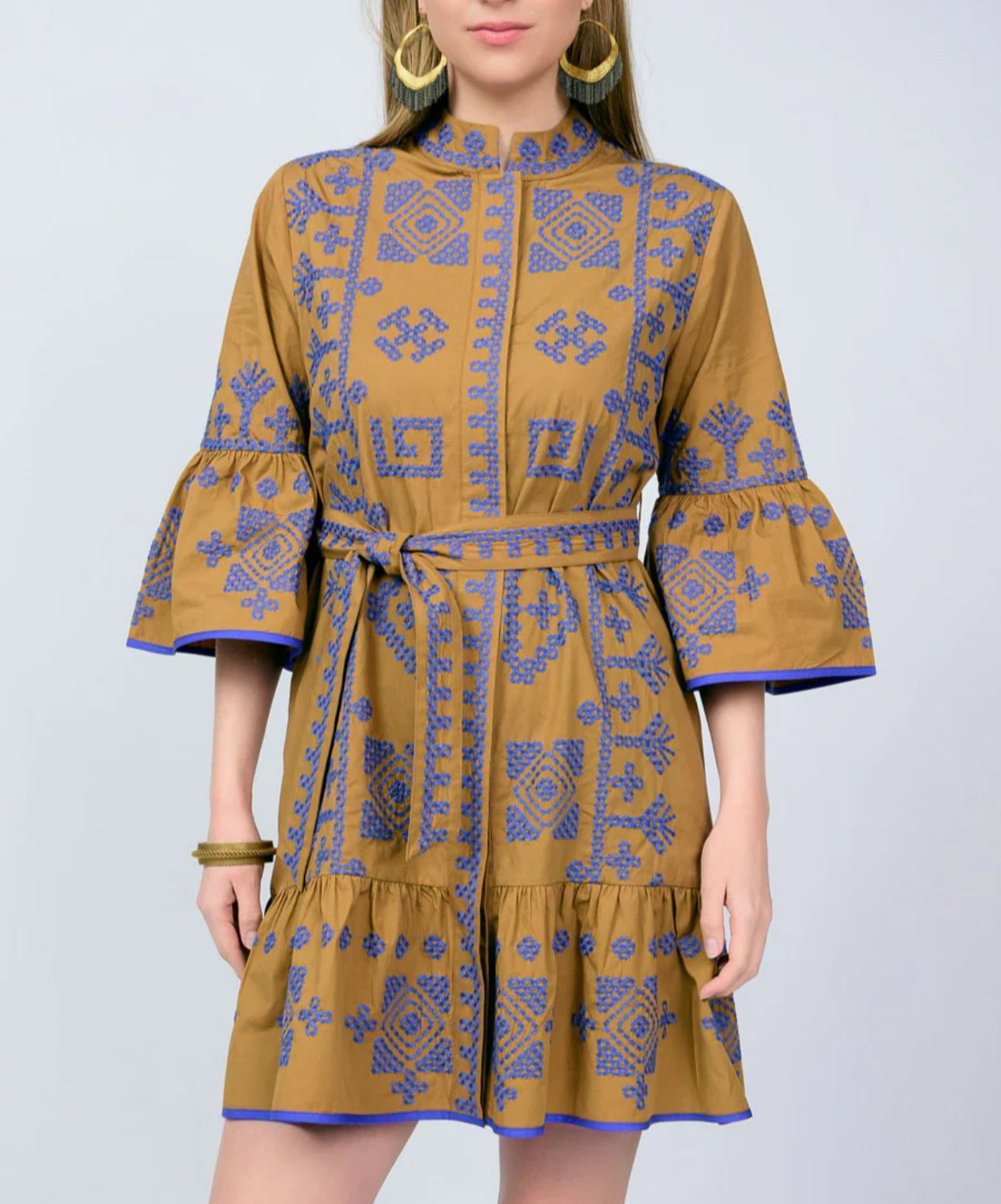 Uncle Frank Cross Stitched Dress-Gold/Blue