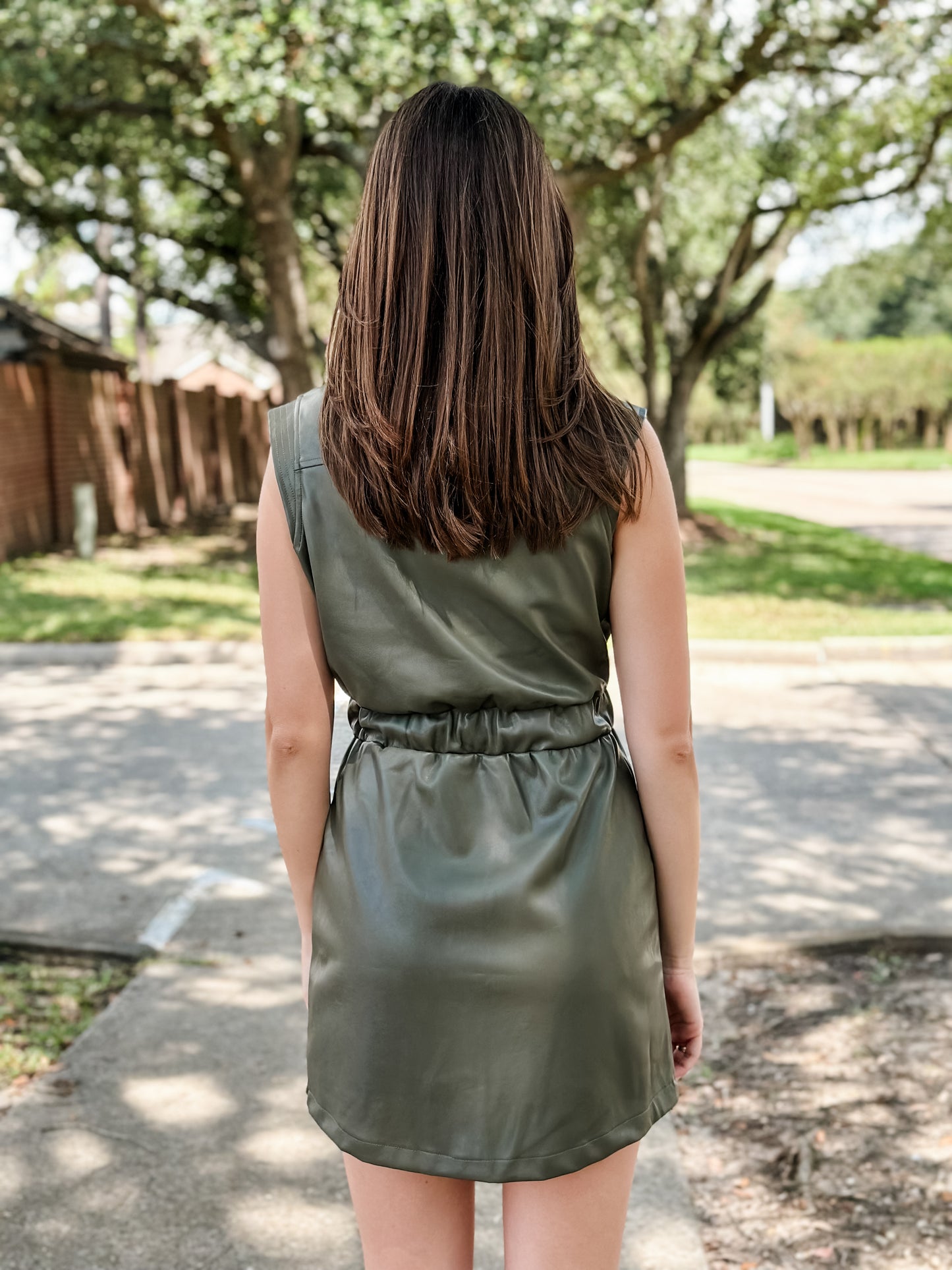 Elan “Sadie” Faux Leather Mini Dress - Pine