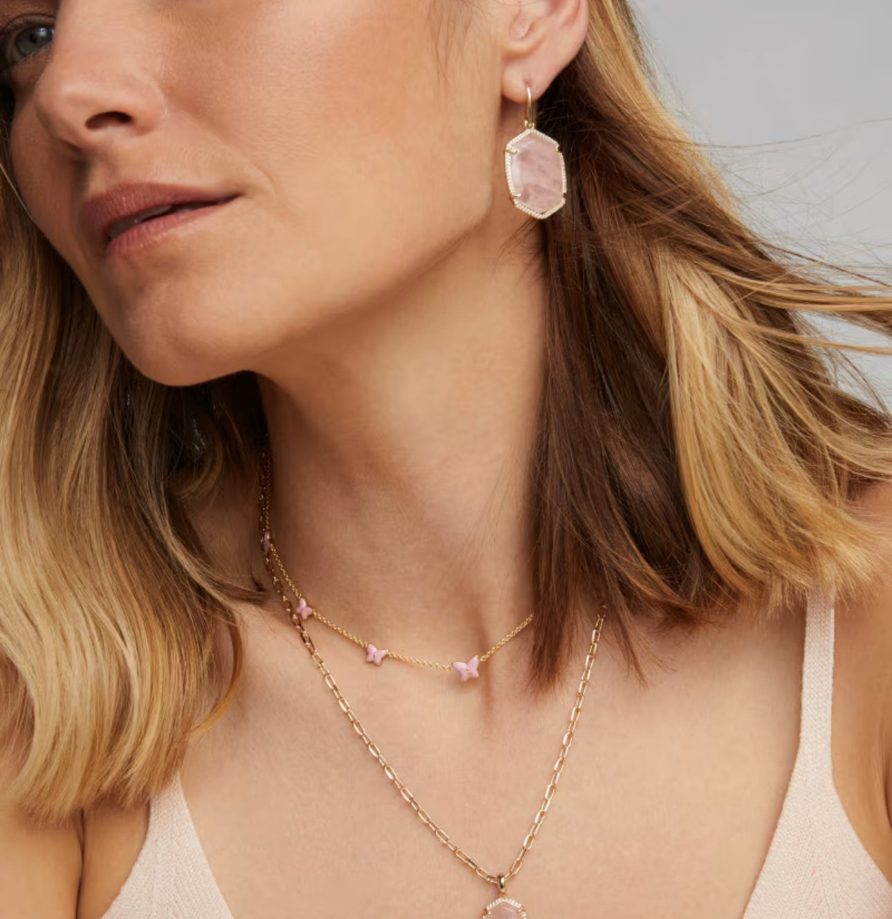 Kendra Scott Daphne Pave Frame Drop Earring- Gold Rose Quartz