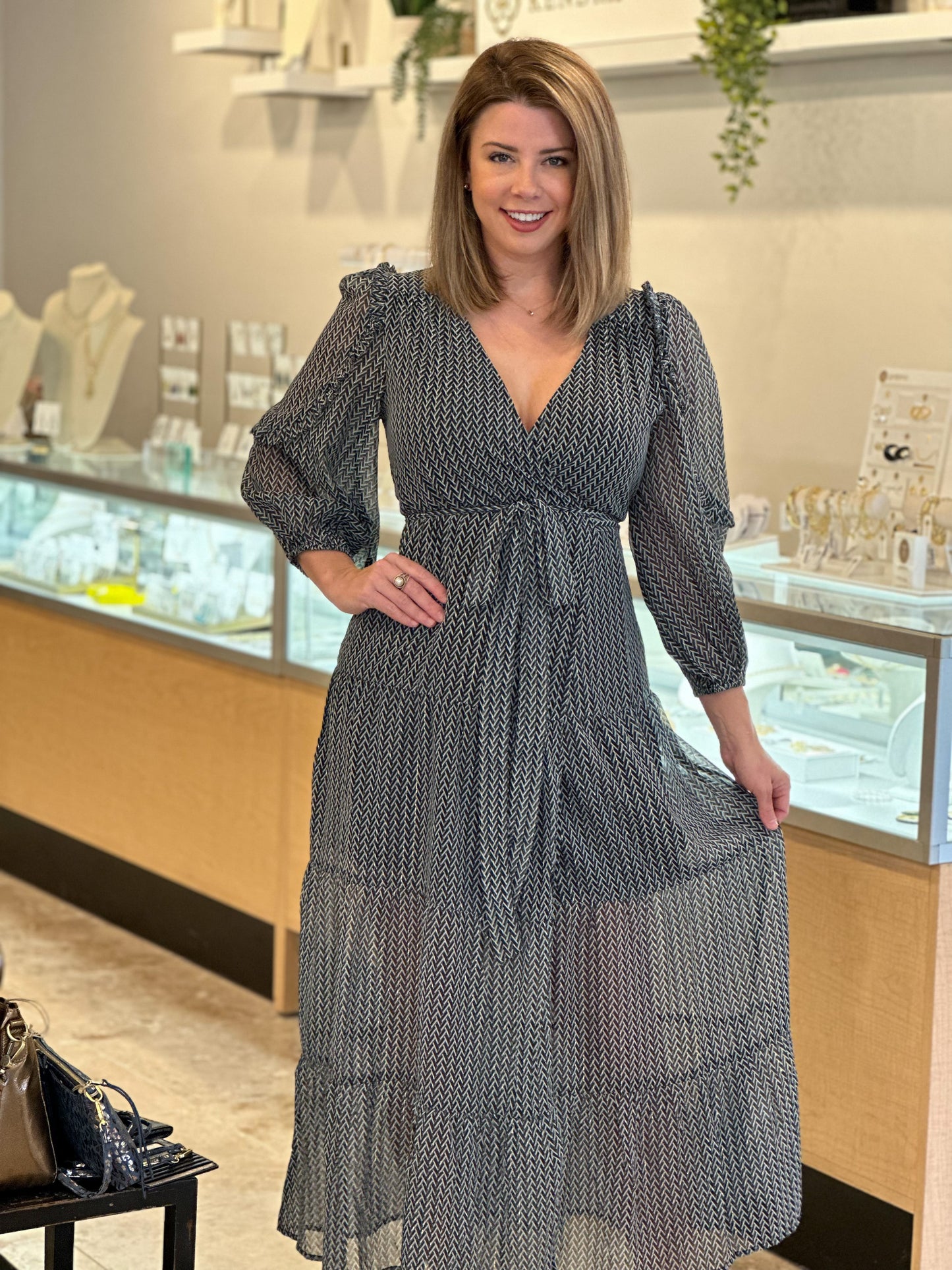 Elan L/S Maxi Wrap Dress- Green Zig Zag