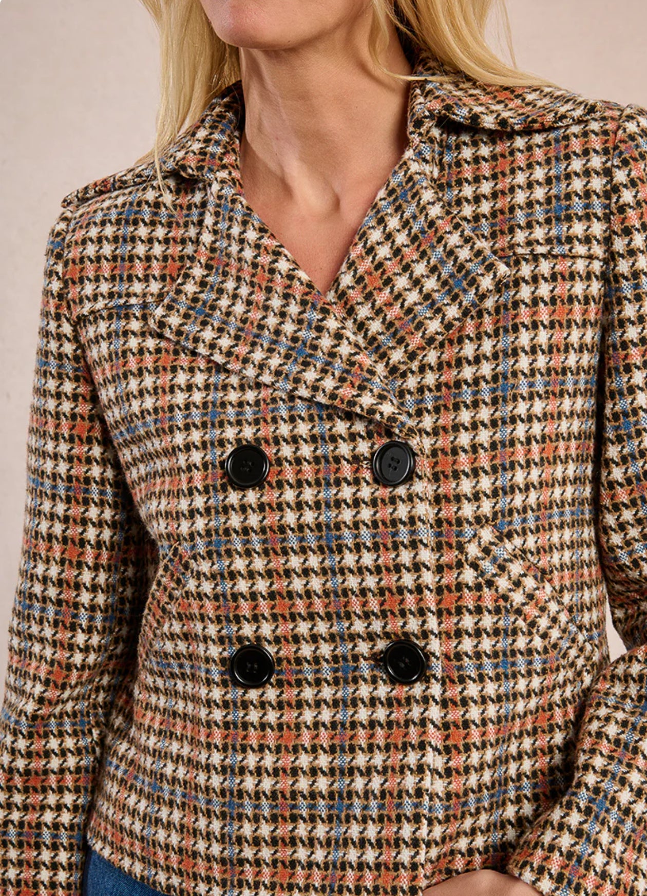 Molly Bracken Houndstooth Pattern Short Jacket-Brown