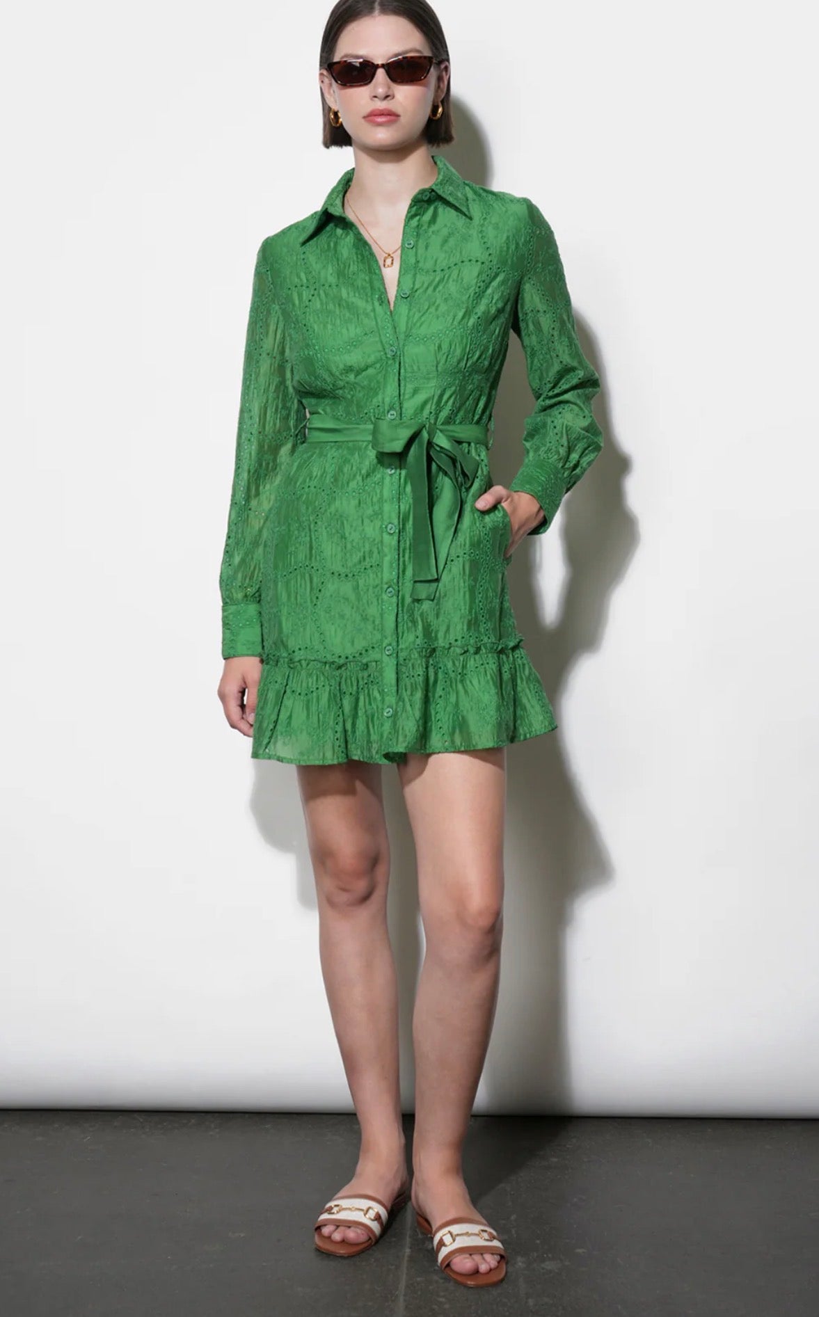Greylin "Tabitha" Embroidered Cinched Waist Mini Dress-Retro Green
