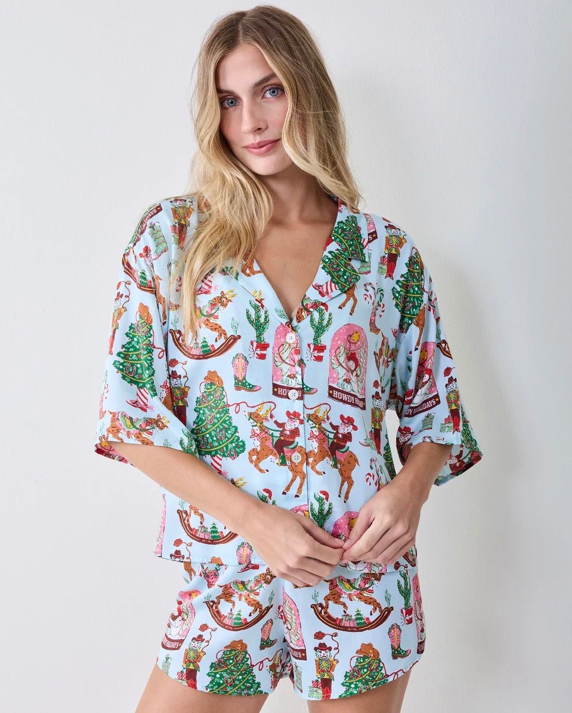Printfresh Eco Satin Wildest Dreams Pajama Sleeve Set-Cowboy Christmas