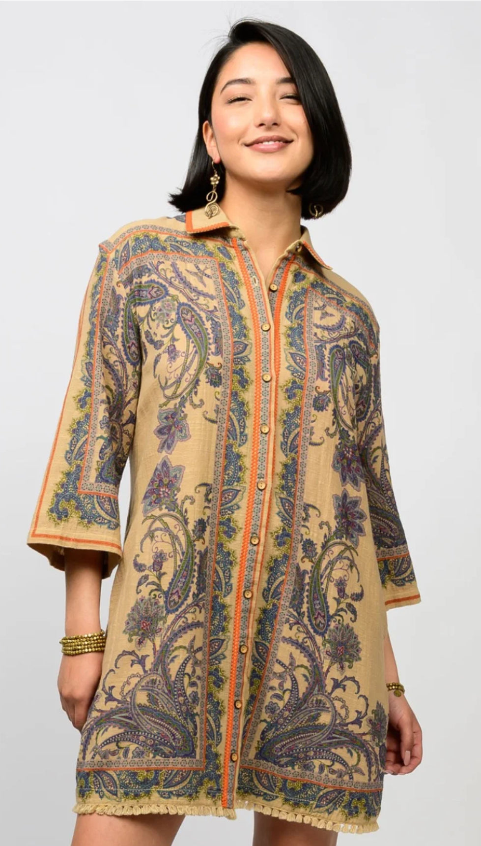 Uncle Frank Paisley Border Shirtdress-Camel