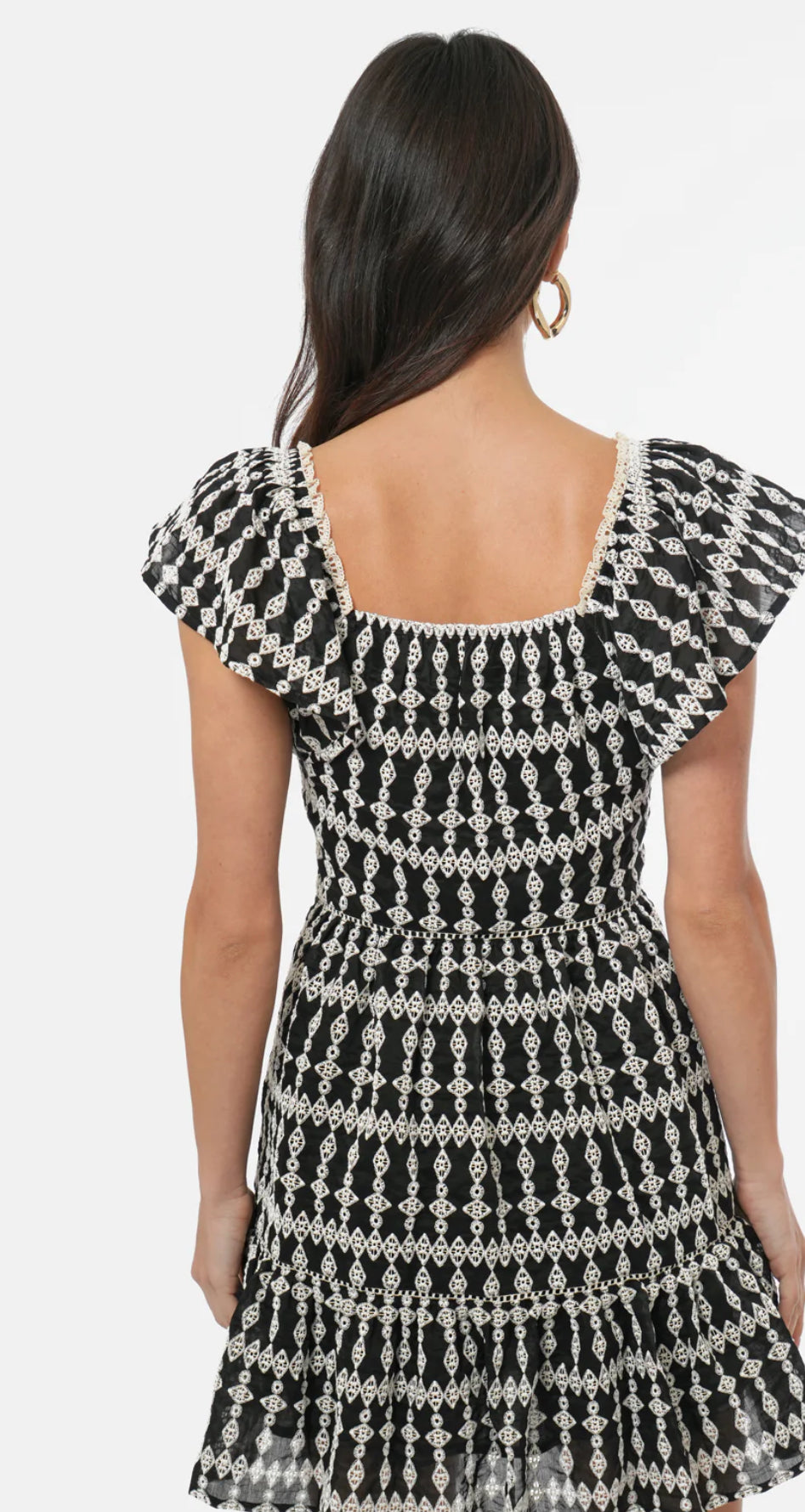 Greylin "Katty" Embroidery Eyelet Flutter Sleeve Dress- Black