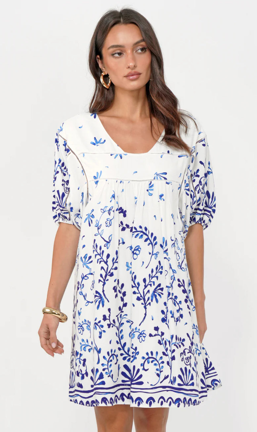 Greylin “Nanci” Popover Mini Dress - Ivory/Blue