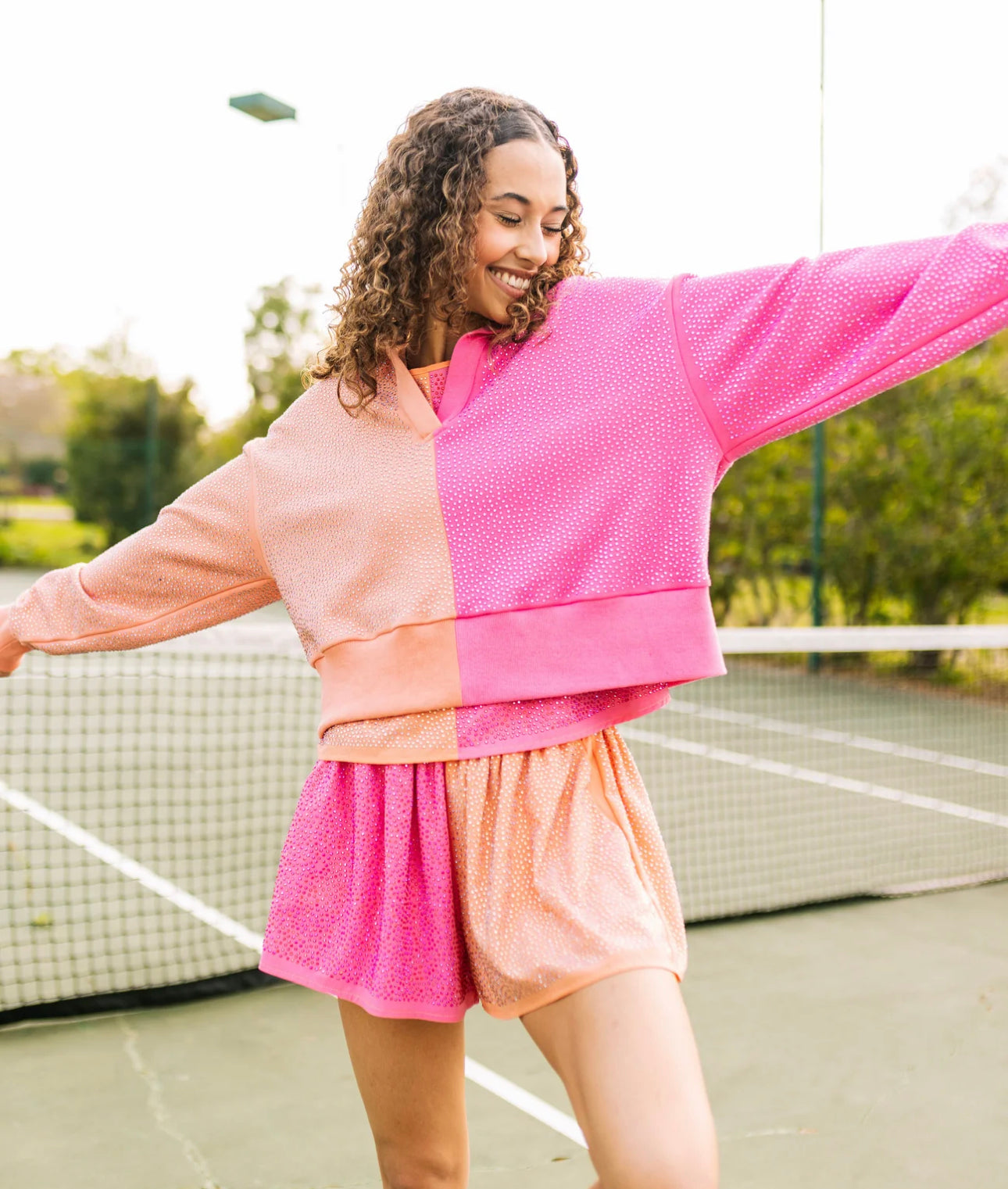 Queen of Sparkles Rhinestone Polo Sweatshirt-Pale Orange/Coral