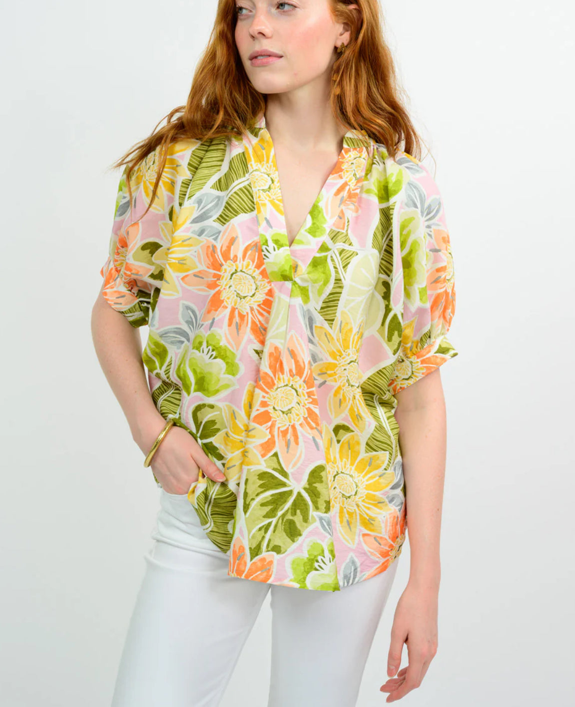 Ivy Jane "Tropical Floral" Popover Blouse- Pastel Yellow