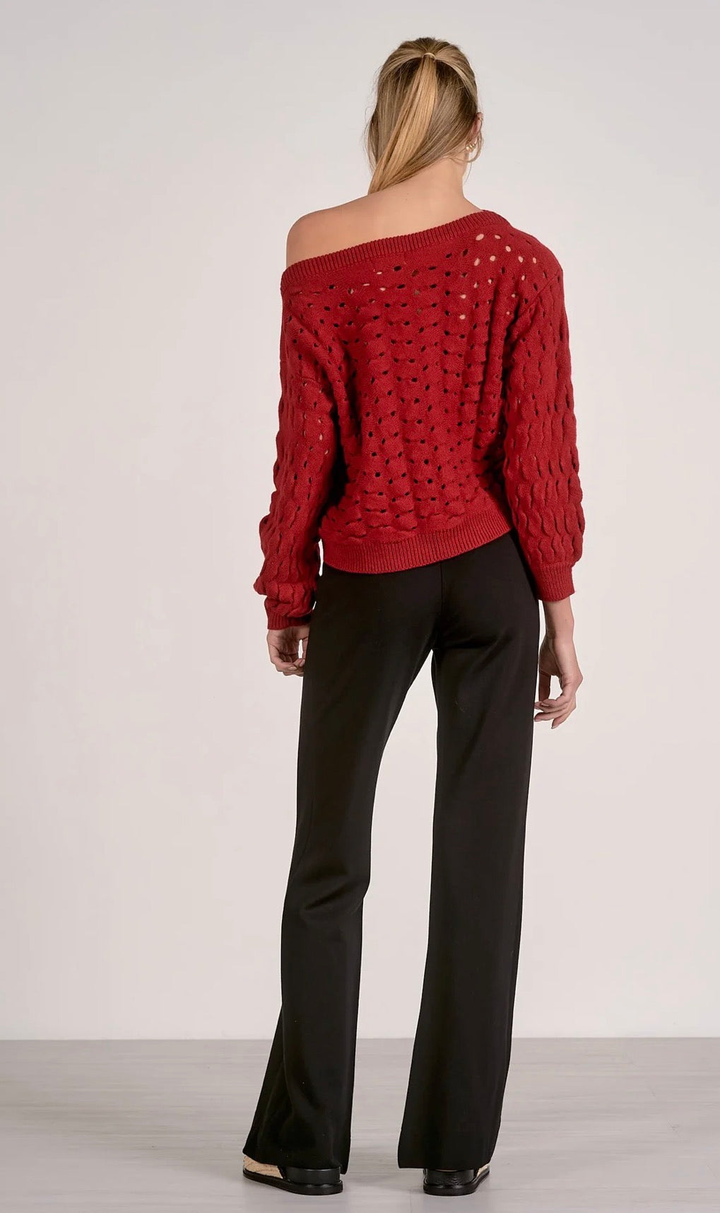 Elan Wide Neck Open Knit Sweater-Red
