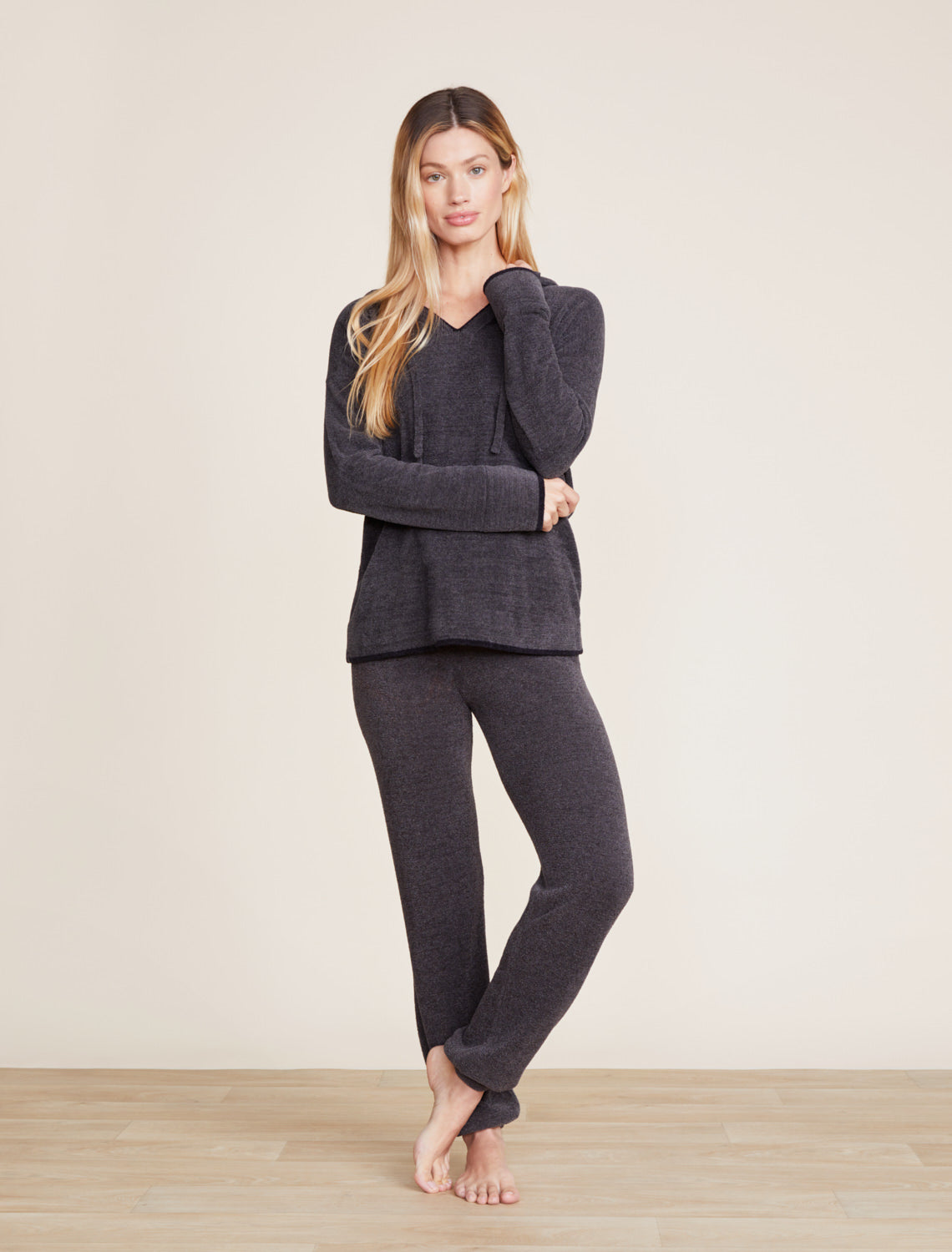 Barefoot Dreams CozyChic Ultra Lite® Tipped Contrast Hoodie-Carbon/Black