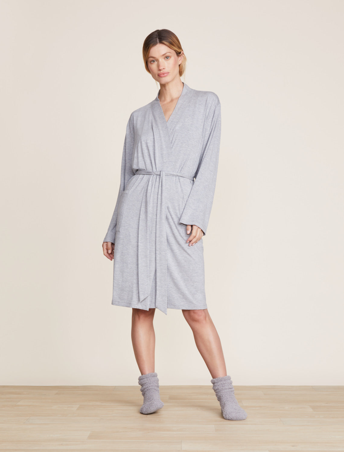 Barefoot Dreams Malibu Collection® Soft Jersey Short Robe-Heathered Gray