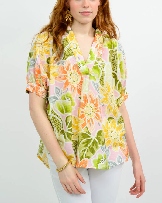 Ivy Jane "Tropical Floral" Popover Blouse- Pastel Yellow