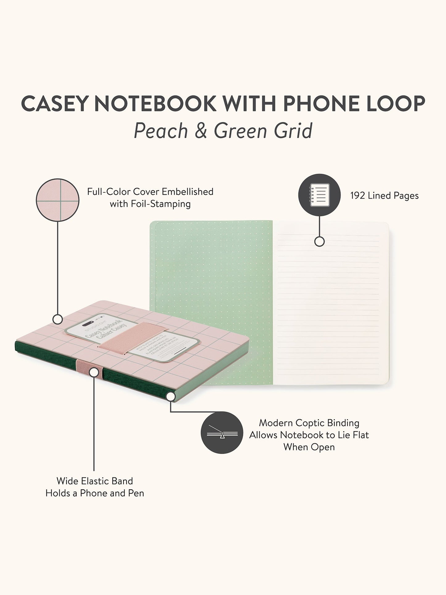 Studio Oh! "Peach & Green Grid" Casey Notebook with Phone Loop