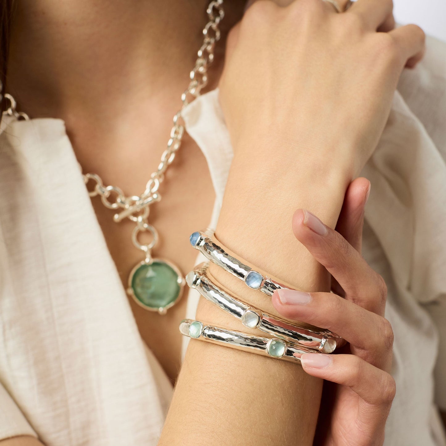 Julie Vos Silver “Catalina” Stone Hinge Bangle-Iridescent Chalcedony Blue