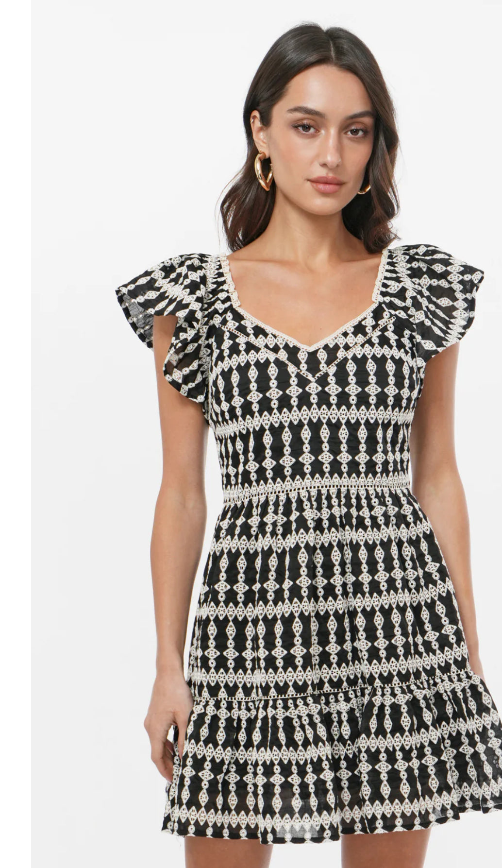 Greylin "Katty" Embroidery Eyelet Flutter Sleeve Dress- Black