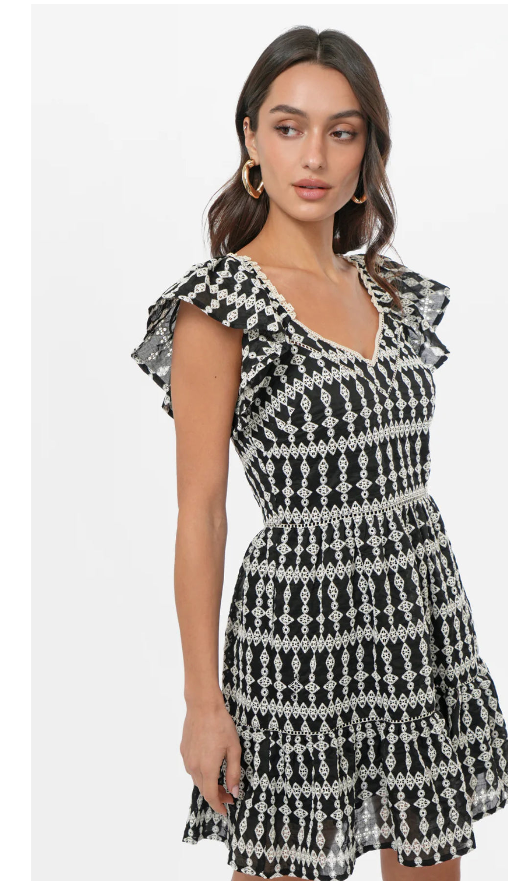Greylin "Katty" Embroidery Eyelet Flutter Sleeve Dress- Black
