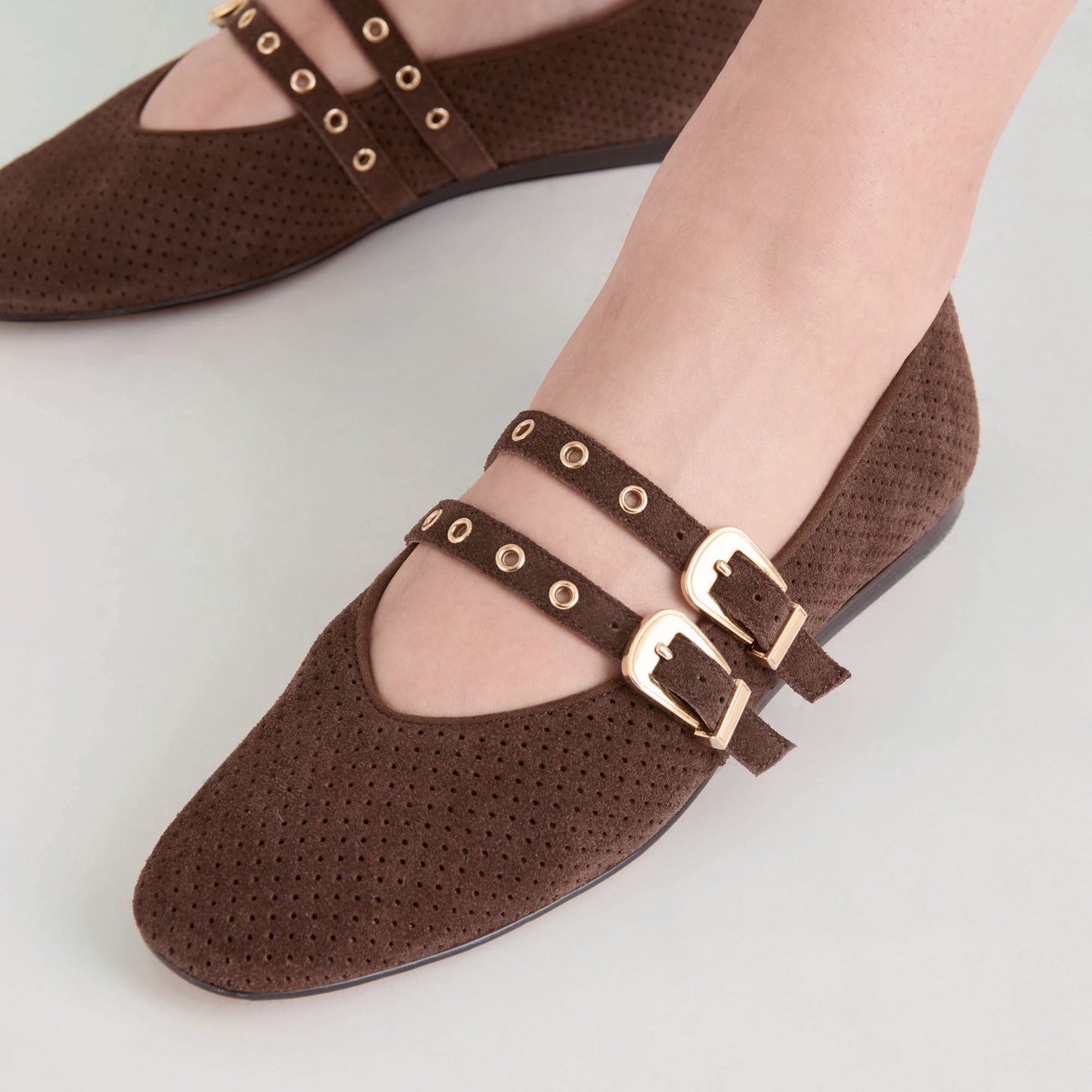 Dolce Vita "Baylee" Grommet Ballet Flats-Dark Brown Perforated Suede