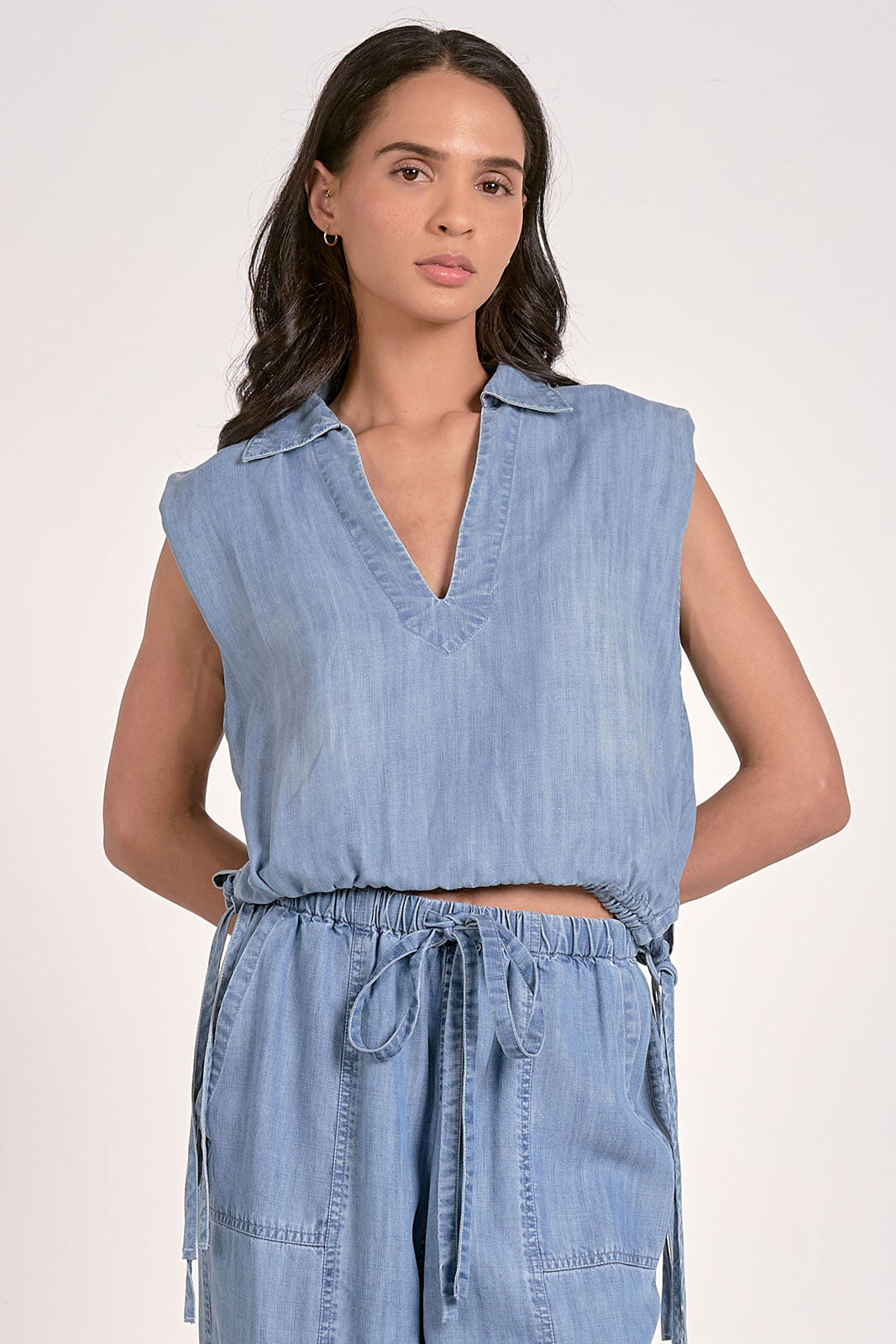 Elan Sleeveless Collared Top-Denim Blue