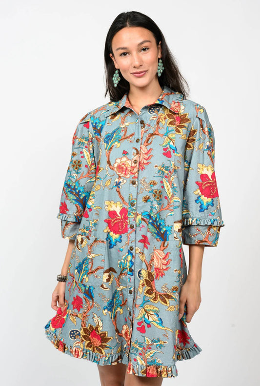 Uncle Frank Ruffled Edges Dress- Floral Slate