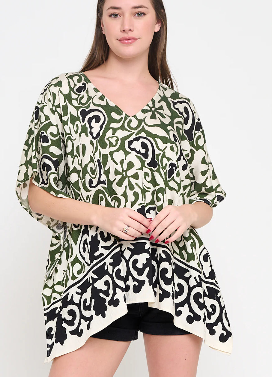 Meet Me In Santorini "Olive Scroll” Tunic Top-Black/Green