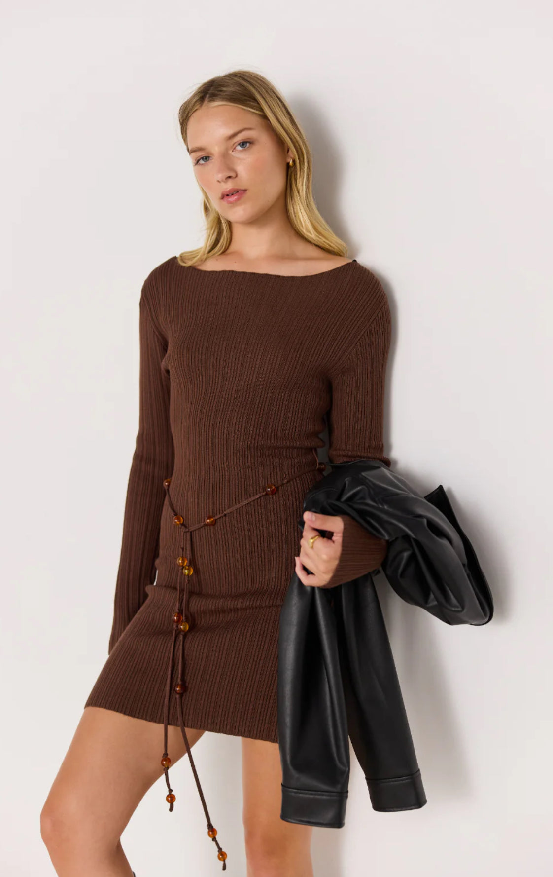 Mink Pink “Dakota” Bead Detail Mini Dress - Chocolate
