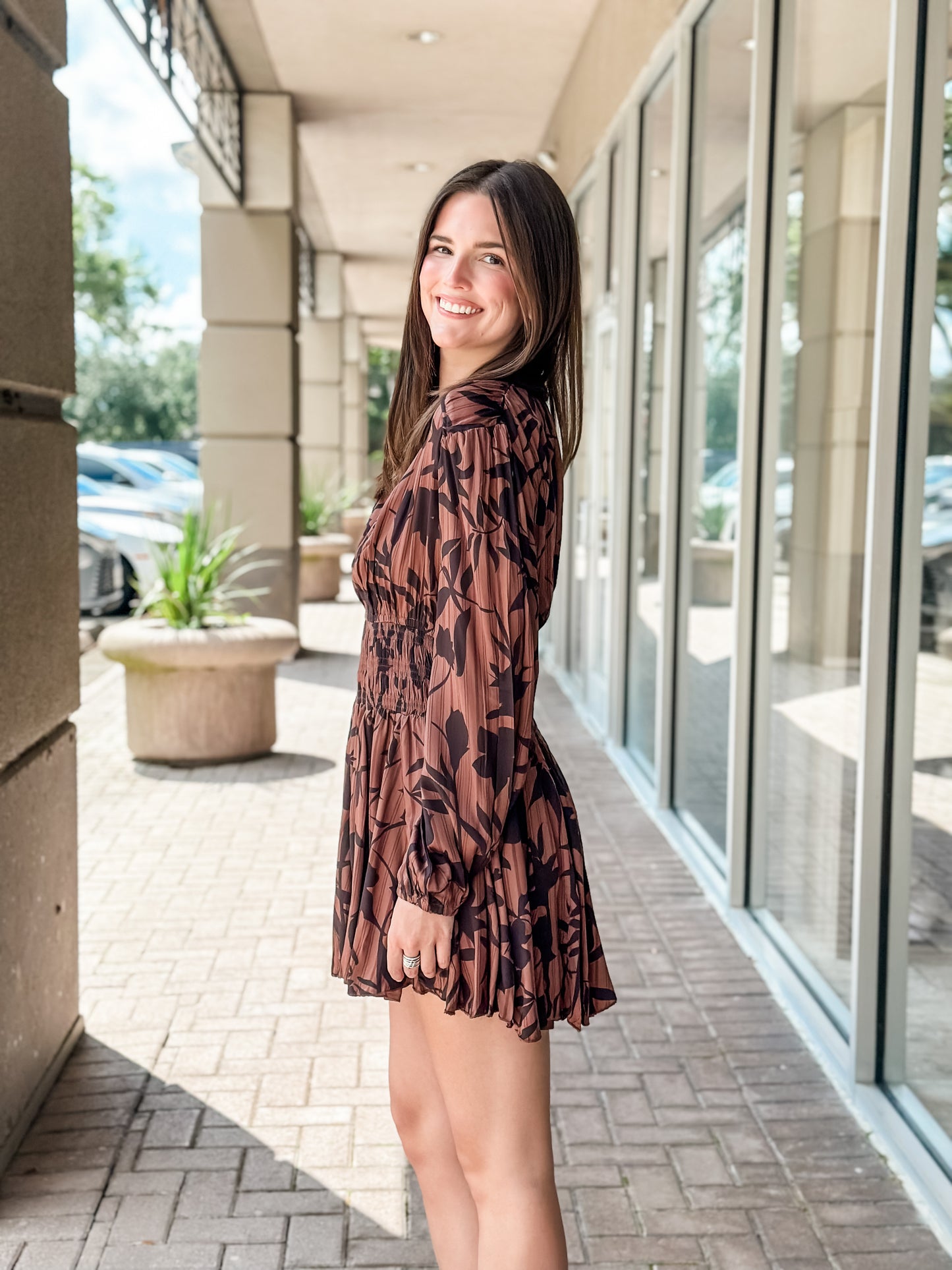 Elan “Mabry” Mini Dress - Brown Foliage